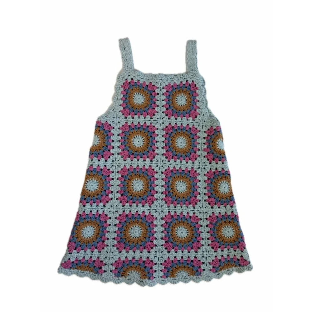 Zara Crochet Multicolor Knit Dress Size 1 1/2 Years 18M Granny Squares Hippie